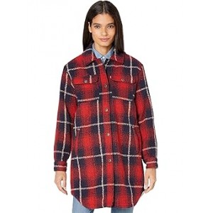 Oversized Wool Blend Shirt Jacket w/ Sherpa Lining Red/Navy Shadow Plaid
