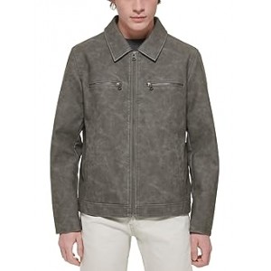 Faux Leather Jacket w/ Laydown Collar Light Grey