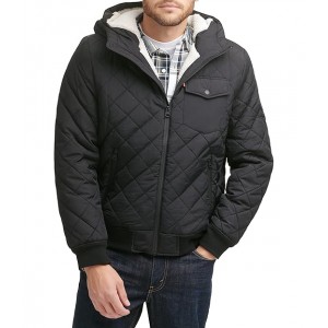 Diamond Quilted Bomber with Sherpa Lined Hood Black