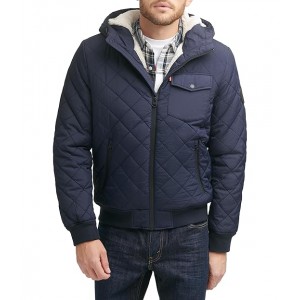 Diamond Quilted Bomber with Sherpa Lined Hood Navy