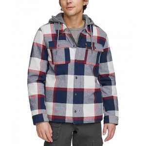 Washed Cotton Shirt Jacket with A Jersey Hood and Sherpa Lining Navy/Red Skater Plaid NRE