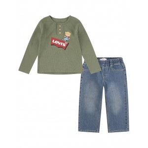 Long Sleeve Thermal Henley and Denim Two-Piece Outfit Set (Little Kids) Olivine
