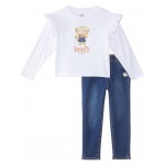 Long Sleeve Ruffle Graphic T-Shirt and Denim Two-Piece Outfit Set (Toddler) Bright White