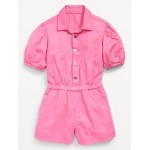 Puff-Sleeve Button-Front Romper for Girls