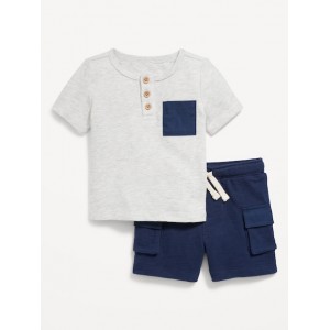 Textured Henley Pocket T-Shirt and Shorts Set for Baby Hot Deal