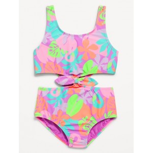 Printed Side Cutout Tie-Knot One-Piece Swimsuit for Girls