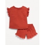 Short-Sleeve Ruffled Top and Shorts Set for Toddler Girls