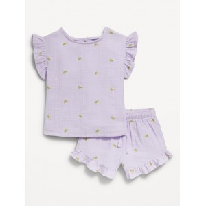 Short-Sleeve Ruffled Top and Shorts Set for Toddler Girls
