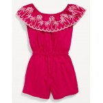 Ruffled-Trim Embroidered Romper for Toddler Girls