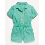 Short-Sleeve Linen-Blend Utility Pocket Romper for Toddler Girls Hot Deal
