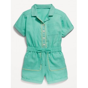 Short-Sleeve Linen-Blend Utility Pocket Romper for Toddler Girls