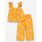 Sleeveless Linen-Blend Top and Wide-Leg Pants Set for Toddler Girls