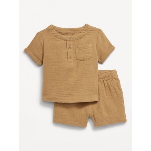Double-Weave Henley Top and Shorts Set for Baby