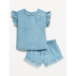 Ruffle-Trim Chambray Top and Shorts Set for Toddler Girls