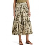 Palm Leaf?Print Cotton Voile Skirt Olive Multi