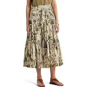 Palm Leaf?Print Cotton Voile Skirt Olive Multi