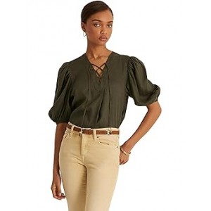 Linen Puff-Sleeve Blouse Dark Tropical Olive