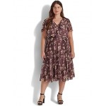 Plus Size Floral Belted Crinkle Georgette Dress Purple Multi