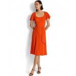 Belted Crepe Flutter-Sleeve Dress Vivid Tangerine