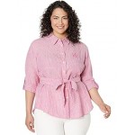 Plus Size Striped Logo Linen Shirt Noveau Bright Pink/White