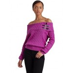 Off-the-Shoulder Cable-Knit Sweater Bright Fuchsia