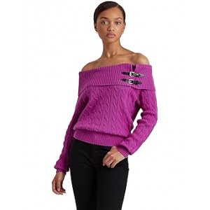 Off-the-Shoulder Cable-Knit Sweater Bright Fuchsia