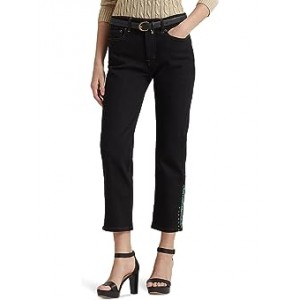 Beaded High-Rise Straight Cropped Jeans in Black Rinse Wash