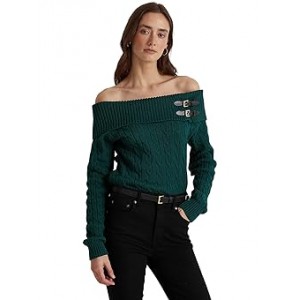 Off-the-Shoulder Cable-Knit Sweater Hunt Club Green