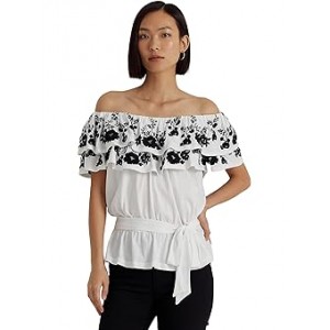 Petite Embroidered Jersey Off-the-Shoulder Top White/Black