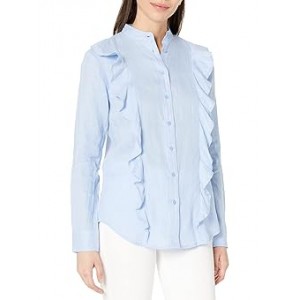 Ruffle-Trim Linen Shirt Pebble Blue