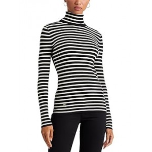 Striped Cotton-Blend Turtleneck Sweater Polo Black/Mascarpone Cream