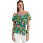 Petite Floral Jersey Off-the-Shoulder Top Green/Blue Multi