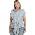 Plus Size Striped Tie-Front Cotton Broadcloth Shirt White/Provincial Blue