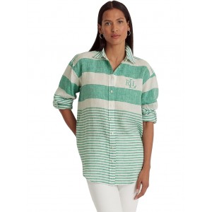 Petite Striped Oversize Linen Shirt Palm Leaf/White