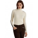 Faux-Leather-Trim Turtleneck Sweater Mascarpone Cream/Chocolate