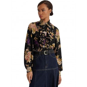 Floral Ruffle-Trim Georgette Shirt Black/Tan/Multi
