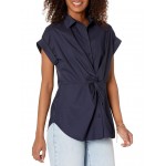 Twist-Front Cotton Short Sleeve Shirt French Navy