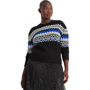 Plus-Size Fair Isle Wool-Blend Crewneck Sweater Black/Cream/Sapphire Star