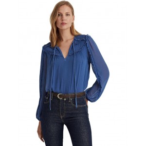 Ruffle-Trim Georgette Tie-Neck Blouse Frosted Lapis