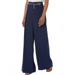 Pleated Georgette Belted Wide-Leg Pants French Navy