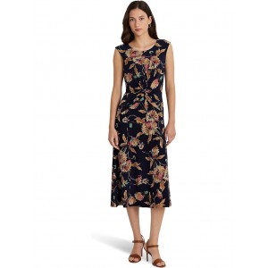 Floral Twist-Front Stretch Jersey Dress Navy/Tan/Multi
