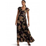 Floral Belted Crinkle Georgette Gown Black/Tan/Multi
