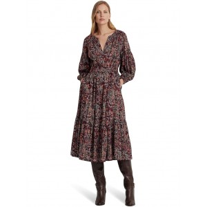 Floral Belted Cotton Voile Tiered Dress Burgundy Multi