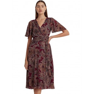 Paisley Crinkle Georgette Flutter-Sleeve Dress Burgundy Multi