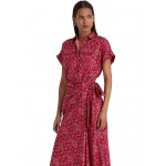 Petite Geo-Print Shantung Tie-Waist Dress Fuchsia Multi