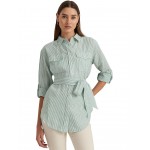 Petite Relaxed Fit Striped Belted Linen Shirt Soft Laurel/White