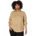 Plus-Size Linen Roll Tab?Sleeve Shirt Birch Tan