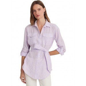 Relaxed Fit Striped Belted Linen Shirt Wild Lavender/White