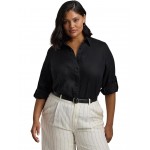 Plus-Size Linen Roll Tab?Sleeve Shirt Polo Black