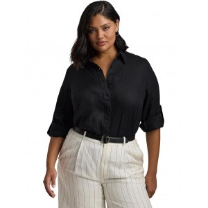 Plus-Size Linen Roll Tab?Sleeve Shirt Polo Black